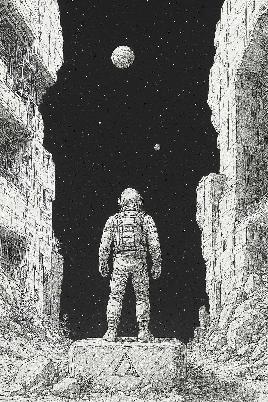 Stylized view between buildings looking at moon and stars